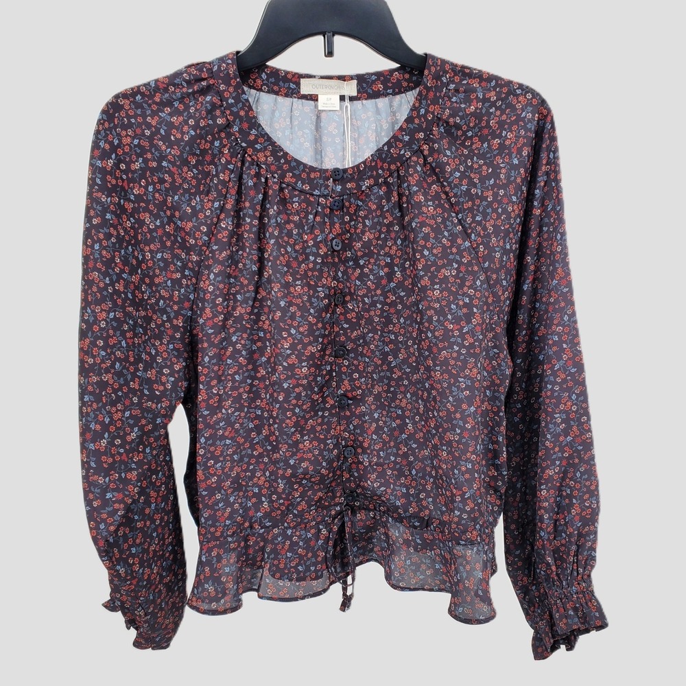 Outerknown Small Floral Poet Long‎ Ruffle Sleeve Peplum Blouse Indigo Mariquita